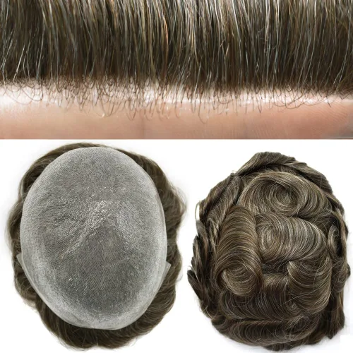 Vista 8 de Cabello humano para hombres, tupé, piezas de cabello humano europeo, todas las piezas de cabello con bucle en V, 0.002 in, piel fina, sistemas