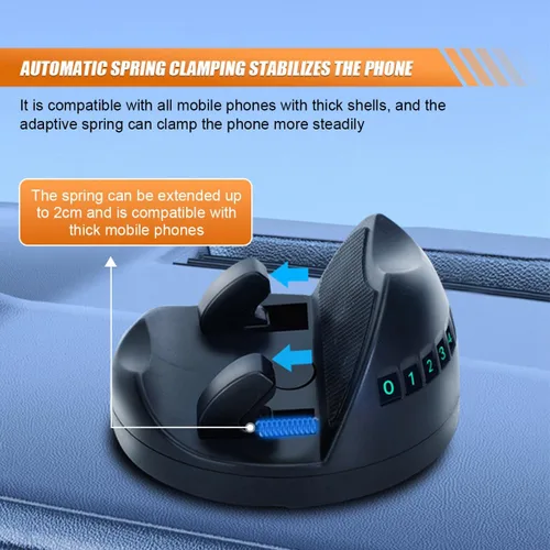 Vista 4 de Soporte para teléfono de coche, soporte giratorio ajustable de 360° para salpicadero con placa de estacionamiento, soporte autoadhesivo