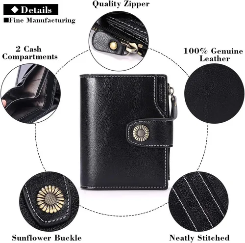 Vista 4 de FALAN MULE - Cartera pequeña plegable para mujer de cuero genuino, compacta, con bloqueo RFID, Negro), 5206