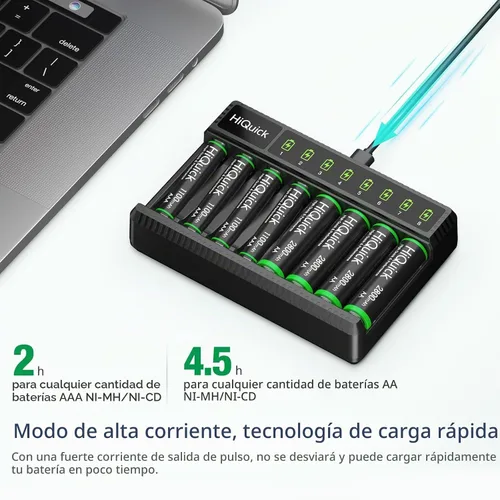 Vista 2 de HiQuick Cargador de batería AA AAA de 8 bahías con 4 pilas AA 2800mAh y 4