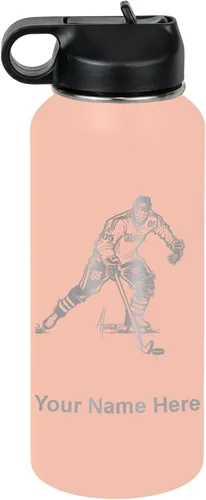 Vista 73 de LaserGram Botella de agua personalizada, jugador de hockey, acero inoxidable de doble pared aislada al vacío con popote superior, regalo grabado