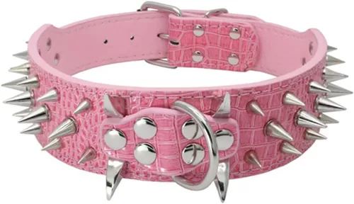 Vista 12 de Collar de perro con remaches de puyas afiladas 2 pulgadas de ancho, collares de cuero con estilo para perros medianos y grandes, Pitbull, Labrador