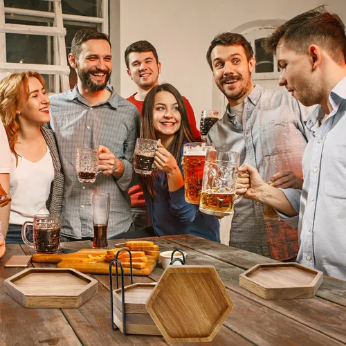 Vista 7 de Juego de 6 posavasos únicos de madera de acacia con soporte