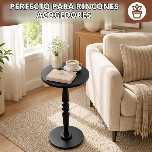 Vista 7 de Mesa auxiliar redonda para espacios pequeños, mesita de noche pequeña con parte superior de madera maciza y pata de pedestal, mesa moderna
