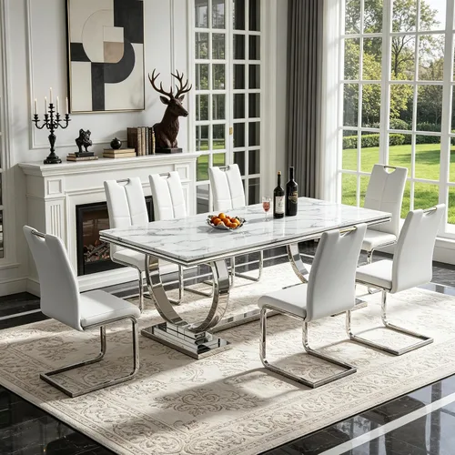 Vista 34 de 5 Piece Black Marble Dining Table Set for 4, Modern Faux Marble Kitchen Dining Room Tables with 4 Leather Chairs Set, 68.11" Luxury Rectangular