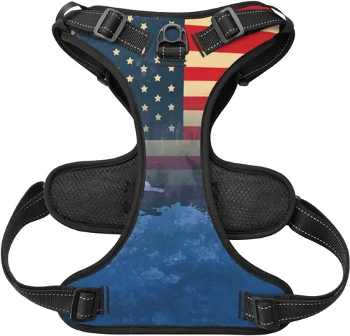 Vista 2 de Arnés personalizado para perro sin tirones, chaleco personalizado con bandera estadounidense para perro con número de teléfono y nombre de mascota