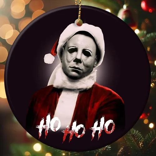Vista 8 de Adornos Colgantes de Navidad Ho-Ho-Ho de 2 Lados Impresos 2025, Regalos de Terror de Navidad para Amantes de las Películas, Adorno de Cerámica