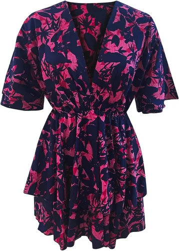 Vista 3 de Vestidos florales para mujer, 2023, primavera, verano, casual, moderno, manga murciélago, vestido de playa con cuello en V fruncido y fluido