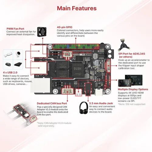 Vista 5 de BIGTREETECH Pi Tablero de control 64bit Quad Core, 1 GB DDR3L 40 pines GPIO compatible con SKR MINI E3 V3.0/Octopus V1.1/Pro, SKR V1.4