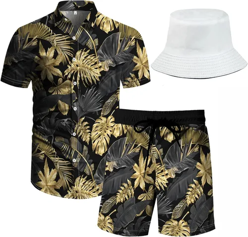 Vista 35 de RPOVIG Conjunto de playa a juego con camisas y pantalones cortos para hombre, ropa floral hawaiana para festival, conjuntos de 2 piezas con sombrero