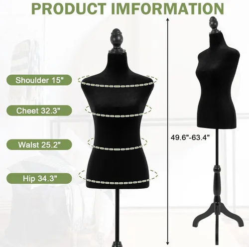 Vista 3 de Professional Adjustable Dress Form Mannequin with Stable Tripod Base Stand - Female Torso for Sewing, Clothing Design, Display & Tailoring Black