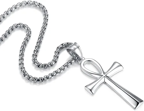Vista 24 de Reve Collar con colgante religioso de cruz de Ankh copta de acero inoxidable para hombres y mujeres, cadena de 20 a 24 pulgadas
