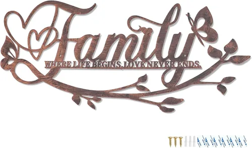 Vista 9 de AUHOKY Letrero de metal con texto en inglés «Family Where Life Begins Love Never Ends» («Family Where Life Begins Love Never Ends») para decoración