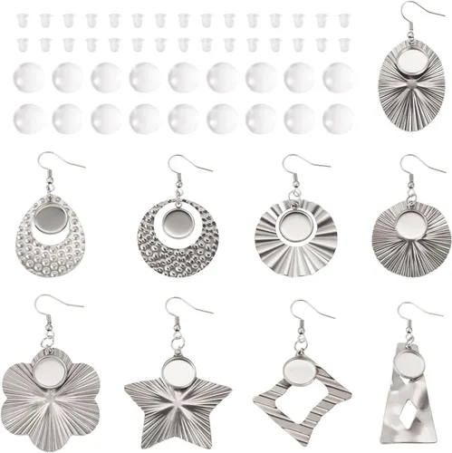 Vista 25 de FASHEWELRY 20 piezas bandejas de bisel de acero inoxidable para aretes geométricos configuración de bisel en blanco corazón luna redondos aretes