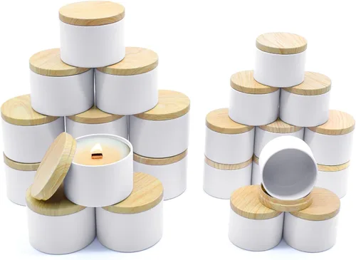 Vista 18 de Paquete de 12 tarros de velas, latas de velas de 4 onzas con tapas de impresión de grano de madera de metal, tarros de velas de metal vacíos