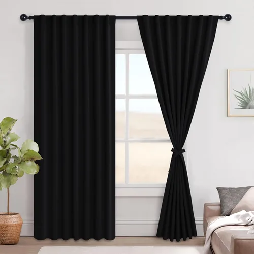 Vista 89 de Hiasan Cortinas opacas negras para dormitorio, cortinas opacas cortas de 45 pulgadas de largo, con aislamiento térmico, bolsillo para barra