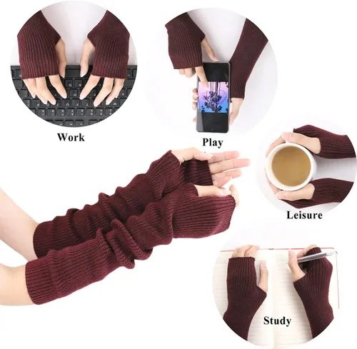 Vista 9 de Facecozy Calentadores de brazos para mujer, mezcla de lana de cachemira, guantes largos sin dedos para mujer, guantes para clima frío con agujero
