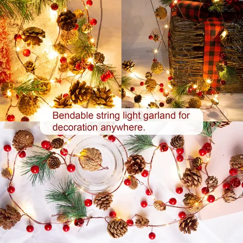 Vista 7 de Guirnalda de Navidad artificial con luces, funciona con pilas, guirnalda preiluminada de 6.56 pies con 20 luces LED, bayas rojas, piñas de pino