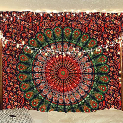 Vista 23 de Tapiz hippie indio bohemio psicodélico dorado azul pavo real mandala colgante en la pared (negro blanco, Queen (84 x 90 pulgadas) (84.6 x 90.6 in)