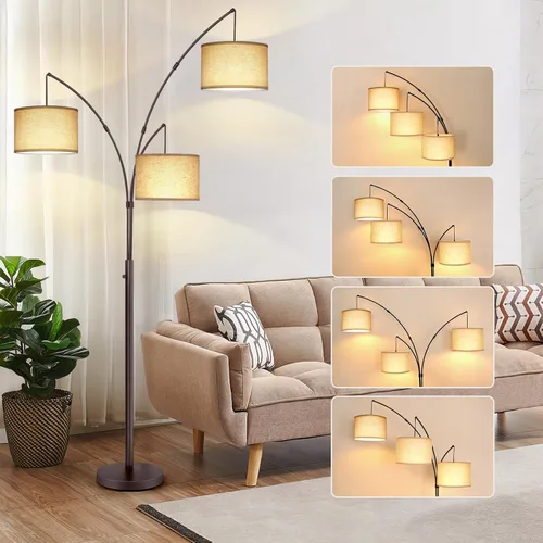 Vista 13 de OUTON Lámpara de pie LED de arco, lámpara de pie alta moderna negra de 3 luces para dormitorio, 2400lm lámparas de esquina de pie ajustables