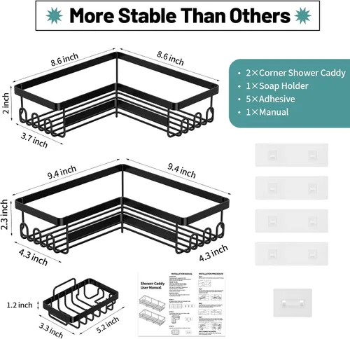 Vista 2 de StorageRight Organizador de ducha de esquina, paquete de 3 accesorios de baño adhesivos con soporte para jabón, estante organizador de ducha