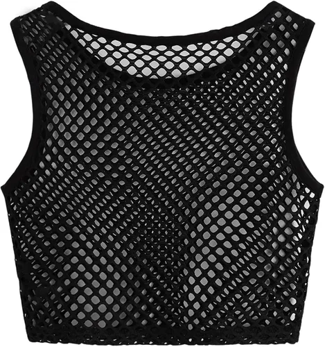 Vista 2 de Hilinker Camiseta corta sin mangas de malla transparente para mujer