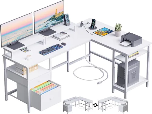 Vista 14 de Furologee Escritorio para computadora en forma de L con toma de corriente, escritorio reversible de oficina en casa para estudio de trabajo, mesa