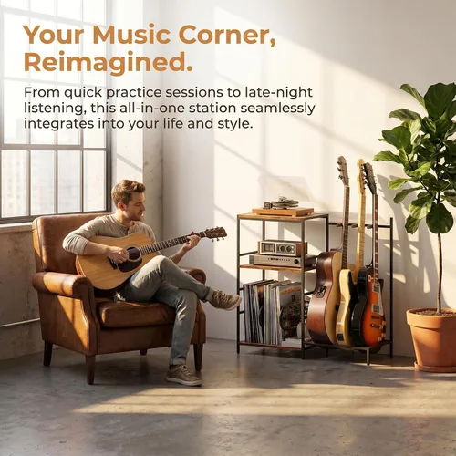 Vista 5 de Soporte de guitarra para múltiples guitarras acústicas con estante de almacenamiento de 3 niveles, estante de exhibición de guitarras, accesorios