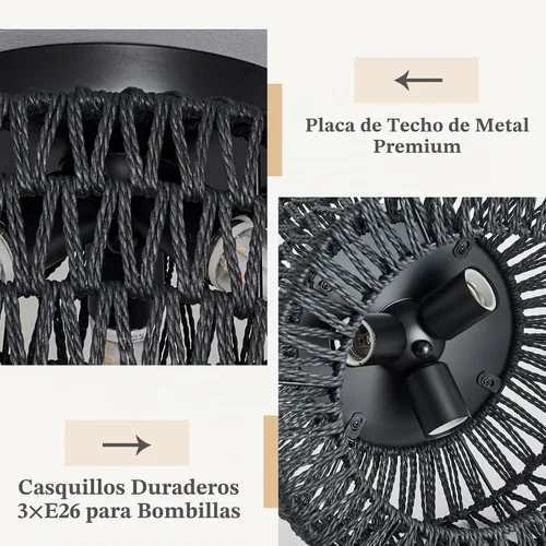 Vista 4 de Lámparas de Techo de Ratán para Montaje, Lámpara de Techo Empotrada Boho de 3 Luces, Iluminación de Lámpara con Pantalla de Jaula Tejida a Mano Negro