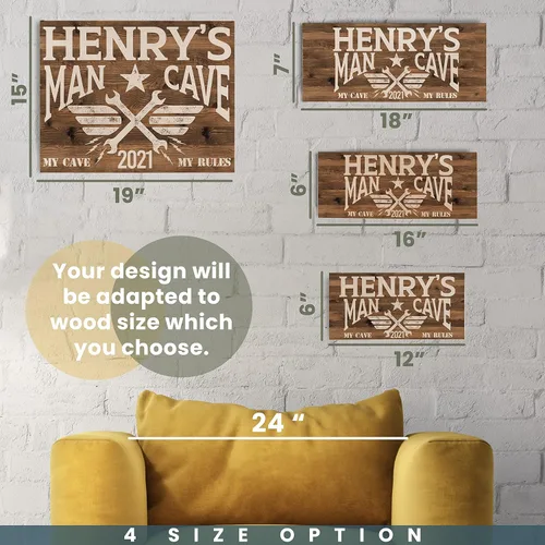 Vista 3 de Letrero de pared de madera personalizado con diseño de cueva de hombre, 4 tamaños, 9 colores y 9 opciones de fuente, regalo personalizado para papá