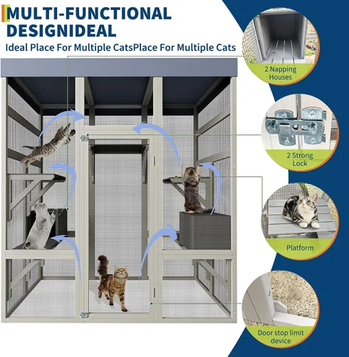 Vista 4 de Gran recinto Catio para exteriores, espaciosa casa de madera para gatos con cinco plataformas de actividades y dos áreas de descanso, refugio