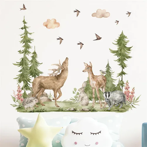 Vista 6 de Calcomanías de pared grandes de alce sika con alce de bosque, selva tropical, selva tropical, animales de selva, conejo, tejón, erizos, vinilo