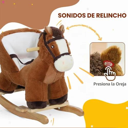 Vista 3 de Qaba Caballo mecedor para bebé con base de madera de sonido, edades de 18 a Mecedora de animales de peluche, cinturón de seguridad