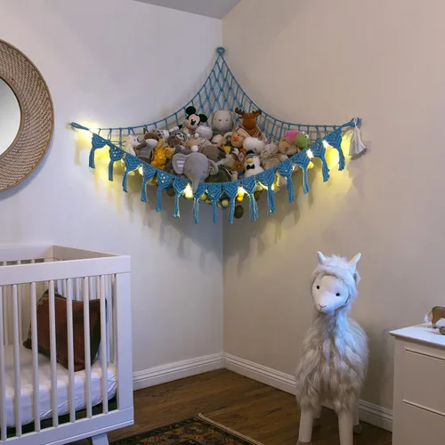 Vista 3 de ABBY BABY Hamaca de almacenamiento para animales de peluche extra grande con luces LED en la esquina – Red colgante para juguetes con capacidad