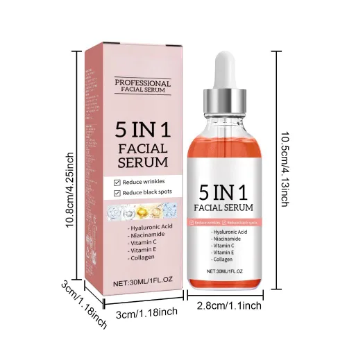 Vista 3 de Suero facial 5 en 1 con ácido hialurónico, niacinamida y vitamina C, suero antienvejecimiento para manchas oscuras, arrugas y acné, esencia de piel