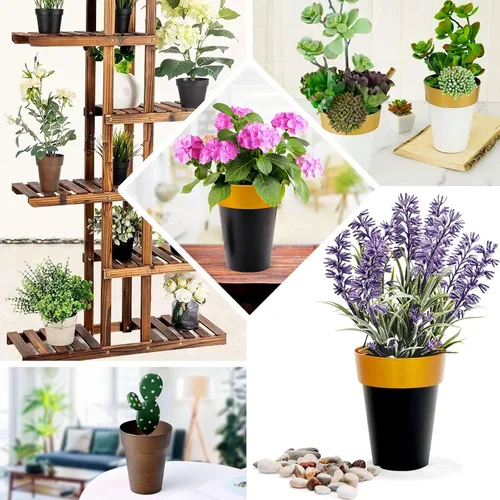 Vista 5 de Efavormart - Paquete de 2 macetas decorativas para interiores y jardines con borde blanco y dorado de 6 pulgadas