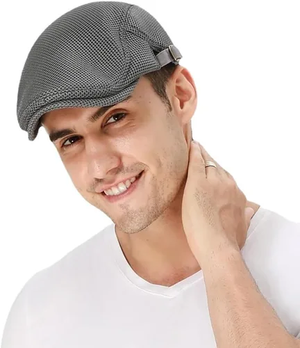Vista 2 de DIYDECAL Sombrero de verano de malla transpirable para hombre, ajustable, boina de hiedra, gorra plana Gris claro