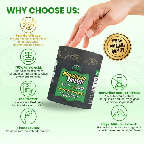 Vista 3 de Wellness Nest Resina de Shilajit Puro del Himalaya de Grado Oro: Potencia Máxima para Hombres y Mujeres - Oro 24k, Ácido Fúlvico +75%, Informe