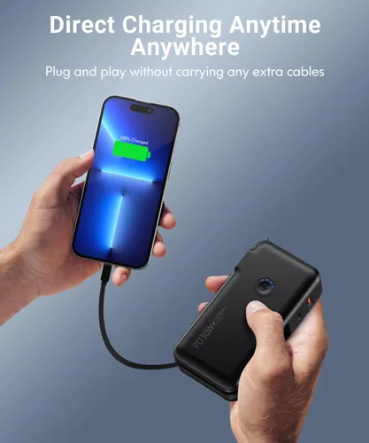 Vista 8 de QiSa Cargador Portátil, Banco de Energía, Banco de Energía de 16000mAh con Enchufe de Pared AC Incorporado y Cables, Cargador Rápido PD 30W y QC4.0
