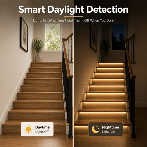 Vista 7 de Kit de luces LED COB de 20 pasos activadas por movimiento, 47.2 pulgadas, tira de luces LED COB de color blanco cálido para escaleras interiores
