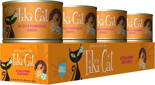 Vista 2 de Tiki Cat Grill - Alimento húmedo bajo en carbohidratos con mariscos enteros en caldo para gatos y gatitos adultos, 6 onzas, 8 unidades, atún y gambas
