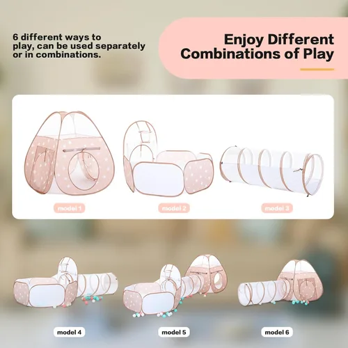 Vista 5 de GeerWest Tienda de campaña 3 en 1 para niños: con pozo de pelotas para bebés y túnel de juego, casa de juegos para interiores y exteriores con túnel