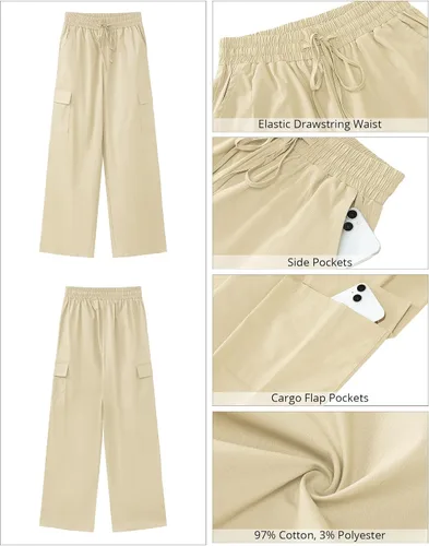 Vista 6 de GRAPENT Pantalones cargo para mujer, pierna ancha, holgados, tiro alto, cintura elástica, pantalones sueltos con bolsillo, traje de los años 90, Y2K