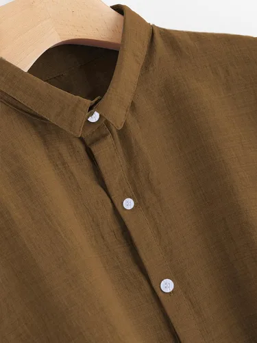 Vista 4 de Milumia Blusa de trabajo con cuello de farol de manga corta para mujer, dobladillo plisado con botones