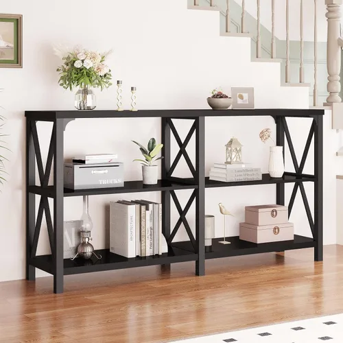 Vista 5 de LVB Mesa Consola Negra, Mesa de Entrada Moderna con 3 Niveles de Estantes de Almacenamiento, Mesa de Sofá Industrial Detrás del Sofá para Sala