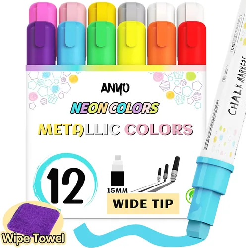 Vista 8 de Anyo Paquete de 12 marcadores de tiza para pizarra, pintura de ventana con punta de punta gruesa 2 en 1 de 0.236 pulgadas, marcadores de ventana