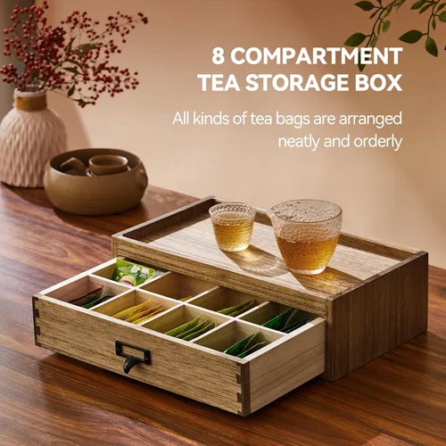 Vista 4 de KIRIGEN Caja de almacenamiento de té de madera maciza de Paulownia con 8 compartimentos, gabinete de té de madera hecho a mano con mango de metal