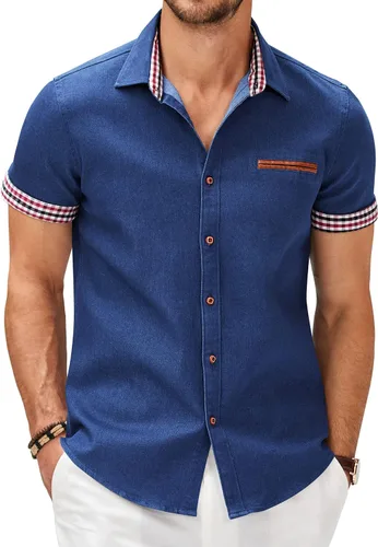 Vista 8 de COOFANDY Camisas casuales de manga corta de algodón con botones para hombre Verde militar