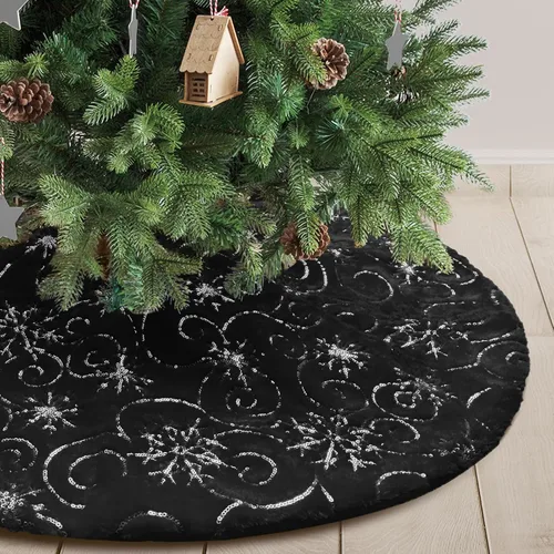 Vista 12 de Falda de árbol de Navidad de felpa negra de 24 pulgadas, pequeña, de piel sintética gruesa, lujosa decoración navideña para Año Nuevo, decoración