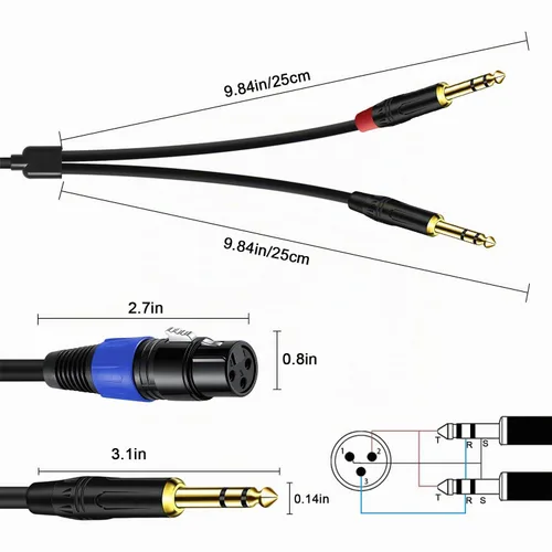 Vista 3 de Cable doble TRS a XLR hembra de 0.250 in para micrófono, mezclador, amplificador, 1.5 pies, cable de audio dual TRS macho a XLR, cable de conexión